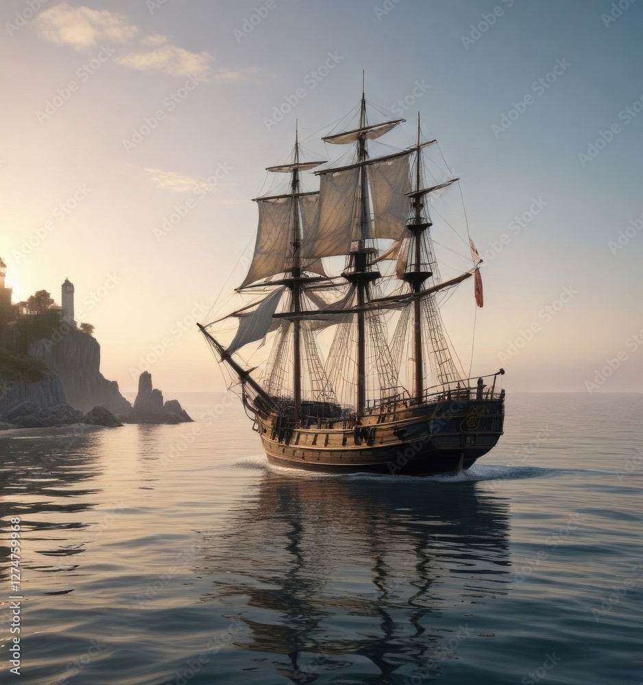 Old sailing ship anchored in calm sea with a lighthouse nearby, wave, waves, sailing ship Old sailing ship anchored in calm sea with a lighthouse nearby, wave, waves, sailing ship