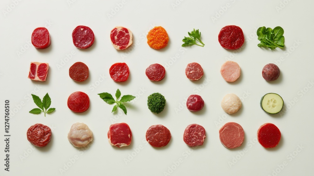 Naklejka premium A vibrant assortment of various meats and garnishes arranged artistically on a white background