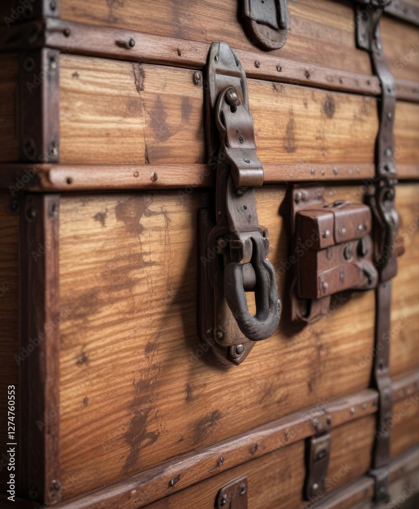 Old wooden sailor's chest with rusty lock and worn leather straps, maritime supplies, ocean voyage, antique containers Old wooden sailor's chest with rusty lock and worn leather straps, maritime supplies, ocean voyage, antique containers