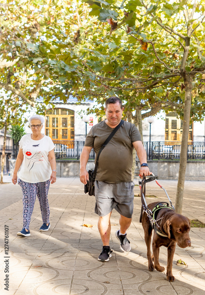 Man Walking with Guide Dog in Park, Accompanied by Woman