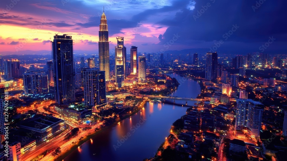 Obraz premium City Lights Illuminate Riverbanks and Skyscrapers at Dusk, Urban Nightscape.