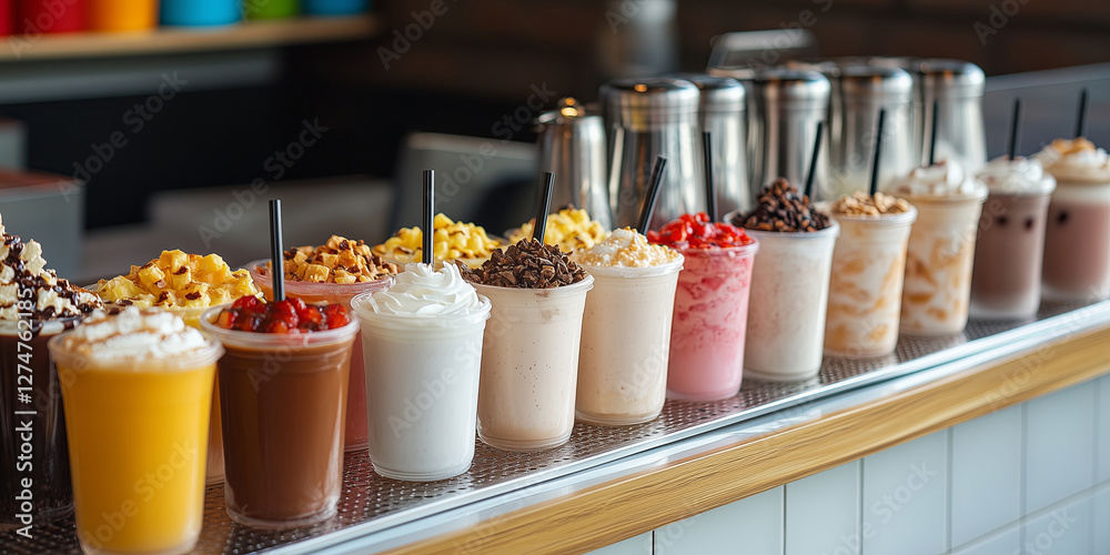 Naklejka premium Various types of fruit milkshakes on a counter of cafe