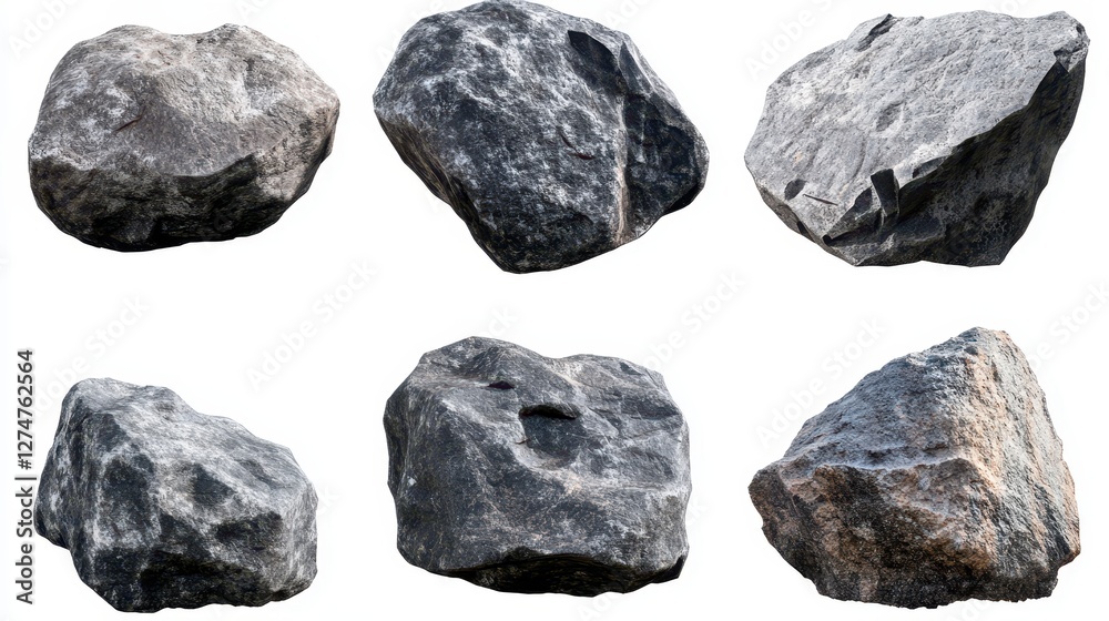 Various large gray rocks displaying diverse shapes and textures on white background