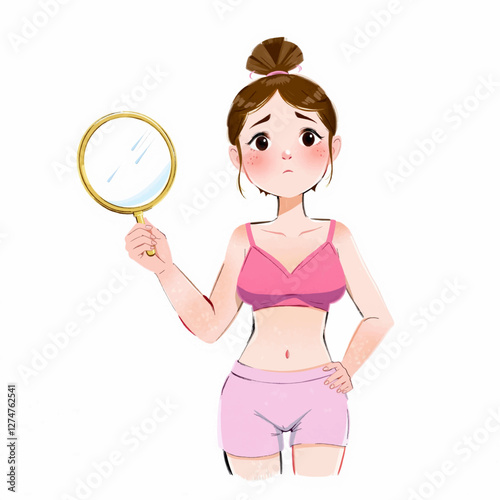 Illustration of an Insecure Young Woman Holding a Mirror – Isolated on White Background