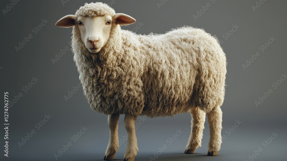 Fototapeta premium Fluffy sheep standing on gray background with curly wool coat in studio lighting