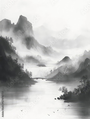 Elegant Traditional Chinese Ink and Water Landscape Artistry with Flowing Brush Strokes and Ethereal Misty Mountains for Modern Interiors