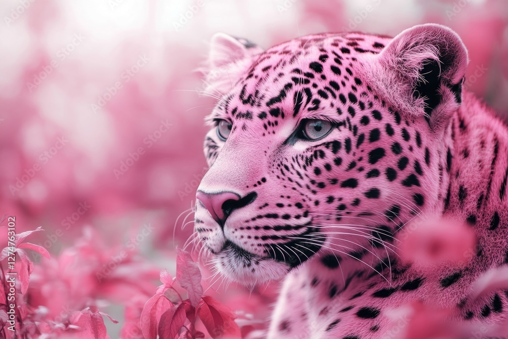 Fototapeta premium A pink leopard in a field of flowers, exuding an ethereal beauty.