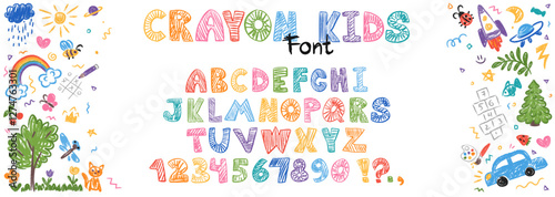Crayon kids font, doodle funny playful alphabet, hand drawn letters and numbers. School wax crayon abc for educational banners, school, kindergarten. Vector cartoon children illustration