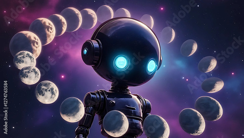 Robot Staring Into Swirl of Lunar Crescent Moons