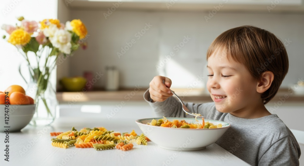 Happy caucasian male child enjoying pasta meal in bright kitchen setting Happy caucasian male child enjoying pasta meal in bright kitchen setting