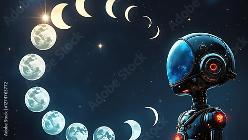 Robot Staring Into Swirl of Lunar Crescent Moons