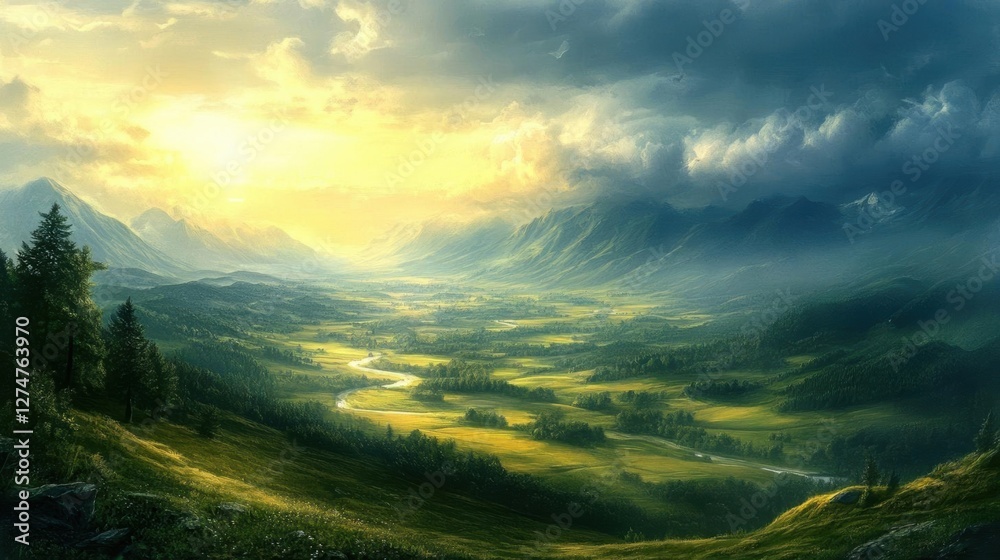 Obraz premium Green Valley Winds through Lush Mountains under Golden Sunlight, Peaceful Landscape.