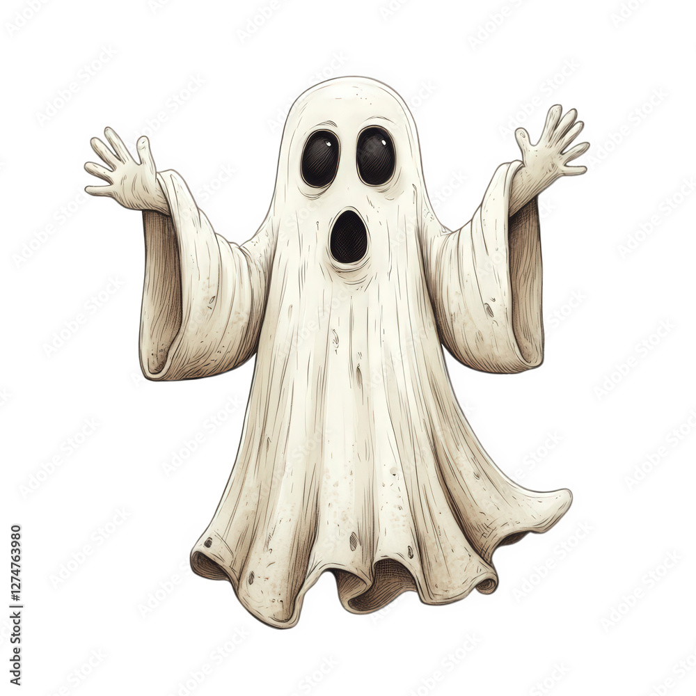 A cartoonish ghost in cut-out style, with a billowy white sheet, dark hollow eyes, transparent background, PNG A cartoonish ghost in cut-out style, with a billowy white sheet, dark hollow eyes, transparent background, PNG