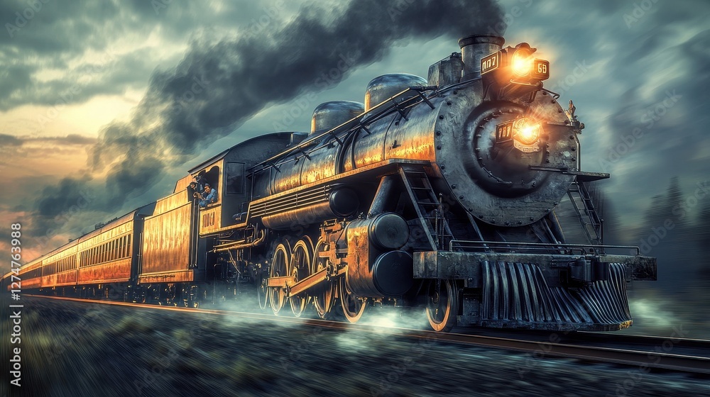 Obraz premium Vintage steam locomotive on tracks at sunset with vibrant sky and smoke trail