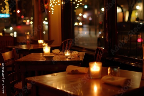 Romantic dinner setting with candles and flowers creating an intimate atmosphere in a cozy restaurant at night