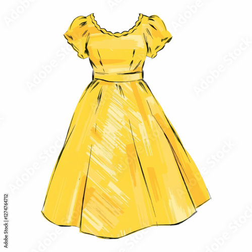 Illustration art of flowing yellow dress in a plain design, isolated on a white backdrop. Perfect for fashion blogs or magazines.
