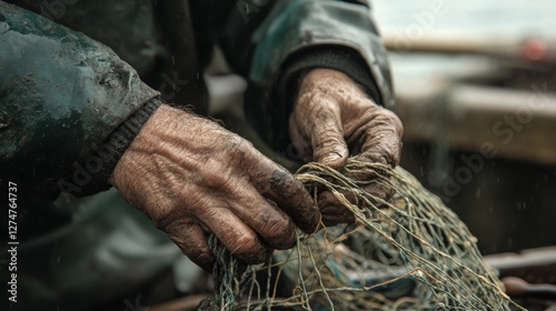 Fisherman's hands repairing fishing net, cloudy day, boat in background. Possible stock photo use  Showcasing skilled labor photo