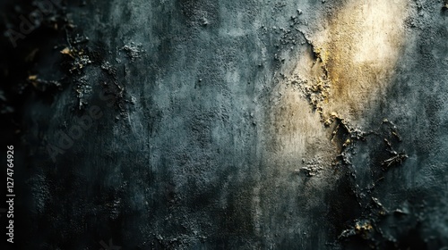 Textured wall with cracked paint and sunlit glow in dark ambient setting