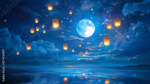 Celestial moonlit dreamland with floating lanterns. Enchanted Floating Lanterns. Illustration