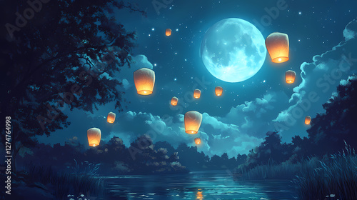 Celestial moonlit dreamland with floating lanterns. Enchanted Floating Lanterns. Illustration