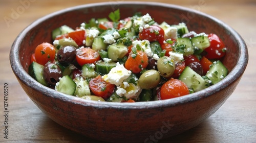 Fresh Greek salad in rustic bowl on wooden surface. Possible use Food photography, cookbook, restaurant menu photo