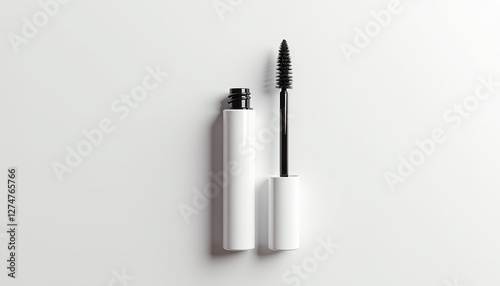 Minimalist mascara tube mockup top view with glossy white cylindrical tube and open applicator wand, clean white background with soft even lighting, branding-ready layout with copy space