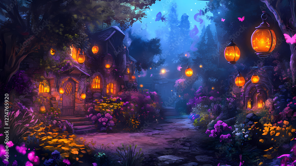 Fototapeta premium Enchanted witch's apothecary garden with glowing plants, floating lanterns, and enchanted creatures. Enchanted Floating Lanterns. Illustration