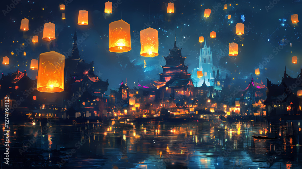 Obraz premium Enchanting night cityscape with floating lanterns. Enchanted Floating Lanterns. Illustration