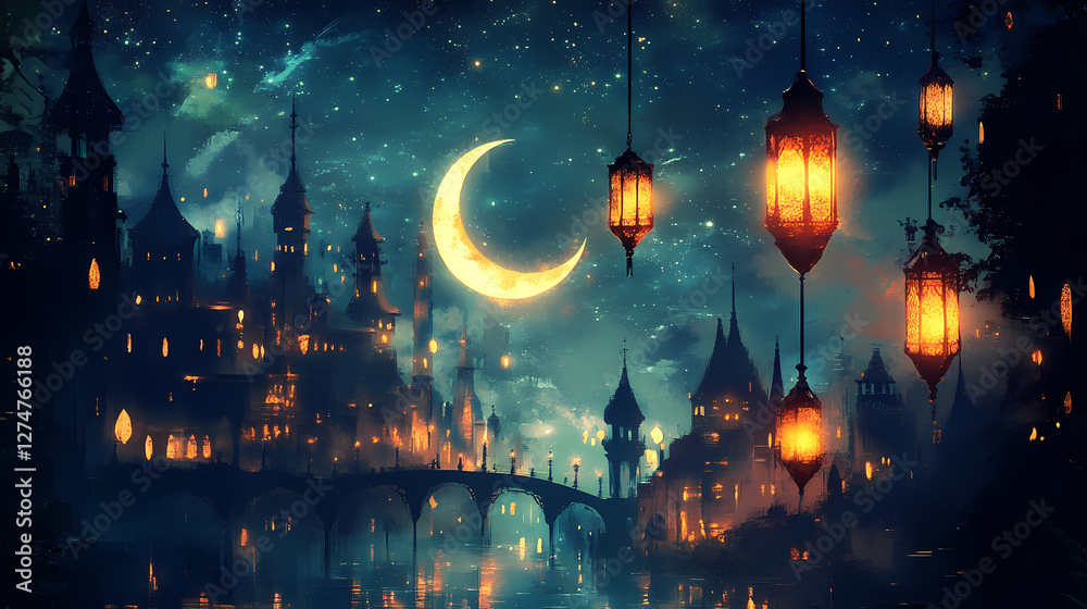 Fototapeta premium Enchanting night scene with crescent moon, floating lanterns, and silhouetted spires. Enchanted Floating Lanterns. Illustration