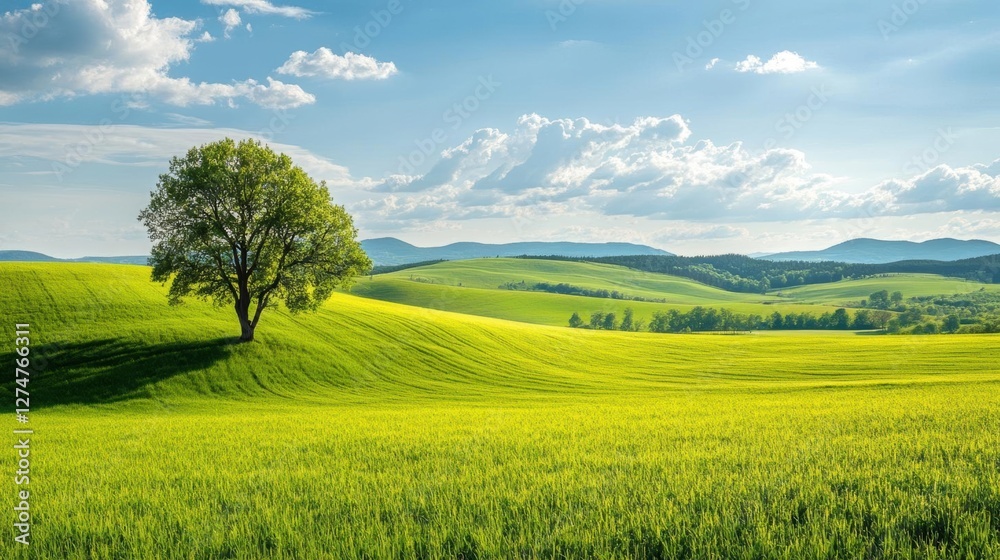Fototapeta premium Green Field Meets Blue Sky with Rolling Hills and Lonely Tree. Rural Landscape with Green Meadow, Summer Fields, and Countryside Serenity.