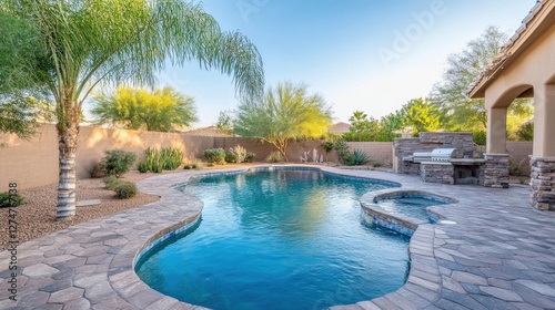Backyard Pool Area with Stone Patio and Grill