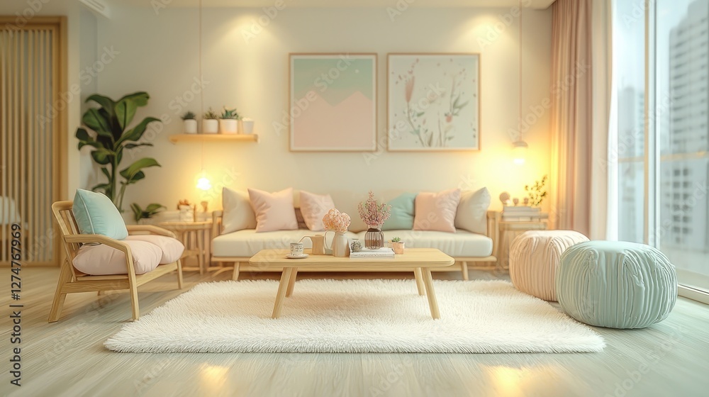 Fototapeta premium Modern Living Room with Soft Pastel Decor and Cozy Atmosphere