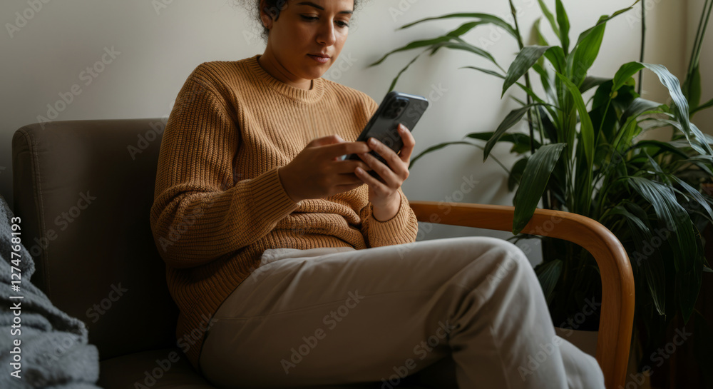 Obraz premium A woman is sitting on a couch and looking at her cell phone