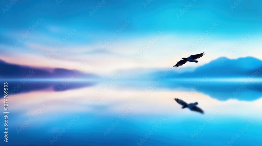 A serene landscape featuring a tranquil lake with a bird soaring above, reflecting the vibrant colors of the sky at sunset, creating a peaceful scene in nature. A serene landscape featuring a tranquil lake with a bird soaring above, reflecting the vibrant colors of the sky at sunset, creating a peaceful scene in nature.