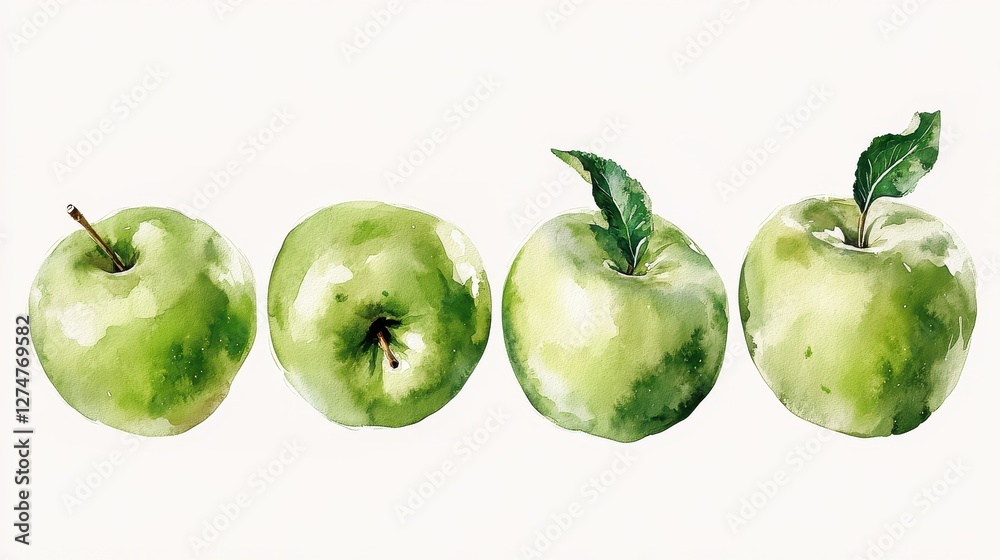 Four green apples in a row with leaves on white background
