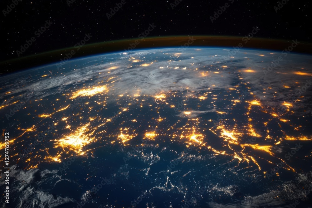 Obraz premium Earth Lights Shine Brightly at Night, Seen from Space with Global Connectivity Theme