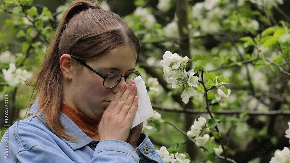 Young woman with glasses and casual clothes suffers from pollen allergy and sneezes, holding a tissue near a blossoming tree in springtime
Young woman with glasses and casual clothes suffers from pollen allergy and sneezes, holding a tissue near a blossoming tree in springtime