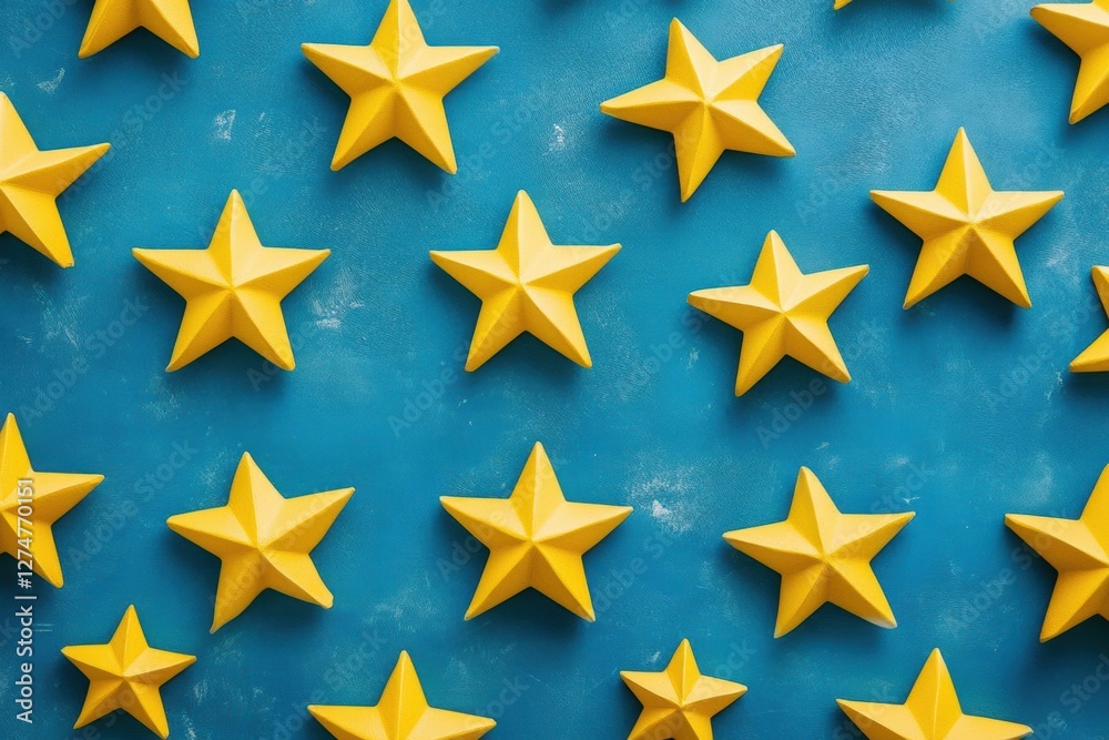 Yellow Stars Align on Blue Background, Simple Pattern, Minimalist Design Yellow Stars Align on Blue Background, Simple Pattern, Minimalist Design