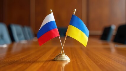 Miniature Russian and Ukrainian flags stand on a polished wooden table in a conference room.
Concept of diplomatic negotiations. Concept of peaceful negotiations.
