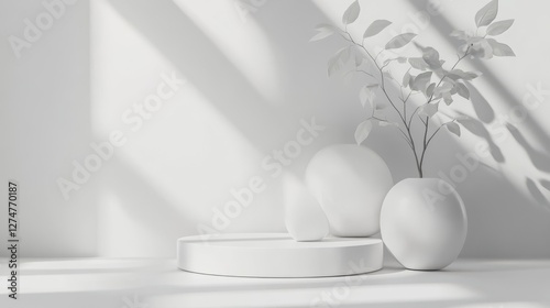 Minimalist white decor with ceramic vases and branch in soft lighting