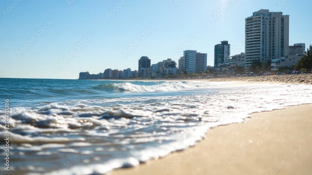 Soft waves caress the sun-kissed shore, showcasing golden sand and shimmering reflections of sunlight on the water Soft waves caress the sun-kissed shore, showcasing golden sand and shimmering reflections of sunlight on the water