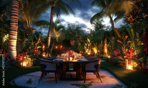 Wallpaper Mural Elegant outdoor dining setup in tropical garden with ambient lighting in evening Torontodigital.ca