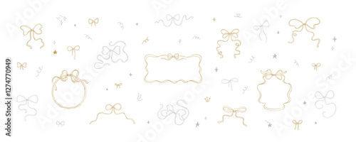 Set of golden and silver whimsical bows. Coquettish ribbon wavy frames and borders. Happy New Year and Merry Christmas background with glitter, confetti, stars, firework, bling, firecracker