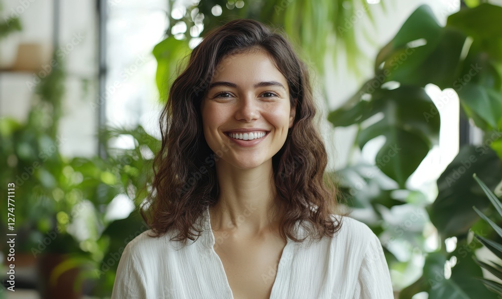 Portrait of a young professional woman smiling in a bright coworking space, with vibrant plants and natural light in the background. Portrait of a young professional woman smiling in a bright coworking space, with vibrant plants and natural light in the background.