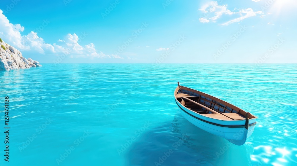 Naklejka premium A serene scene of a small wooden boat floating peacefully on clear blue waters under a bright sky. The tranquil setting invokes feelings of relaxation and adventure.