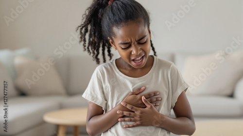 Menina jovem com expressão de dor no peito, em ambiente interno, representando desconforto físico ou problema de saúde. photo