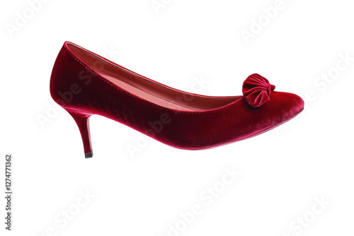 Elegant red velvet high heel shoe with bow detail showcasing timeless style and sophistication isolated on transparent background