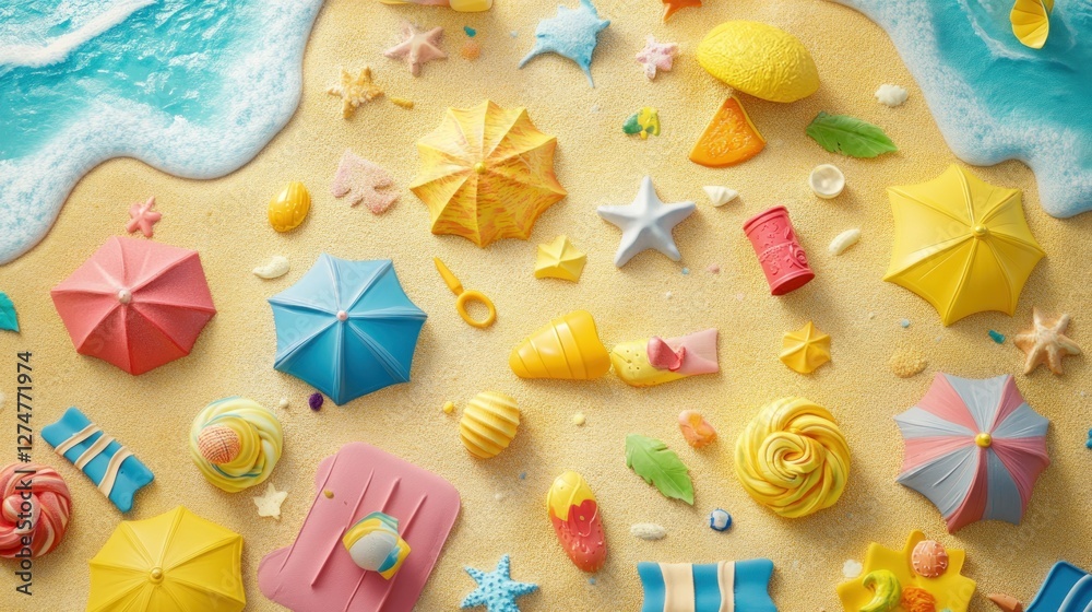 Fototapeta premium Beach toys, summer treats, ocean wave, 3D render, ad