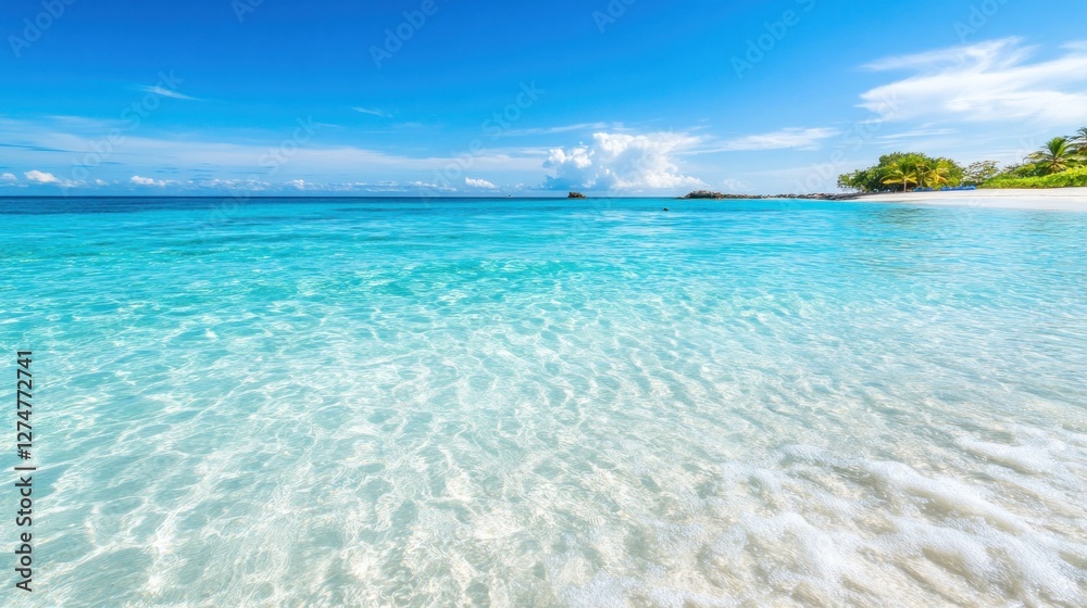 Obraz premium A tropical island stands serene, encircled by shallow, clear waters revealing beautiful sandy textures underneath the surface