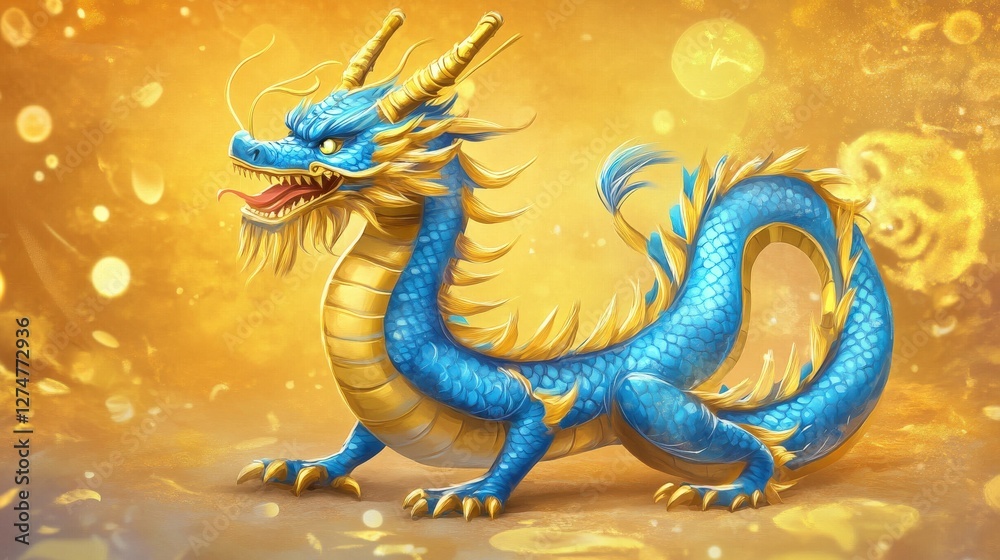Obraz premium A Vibrant Blue Dragon with Golden Accents